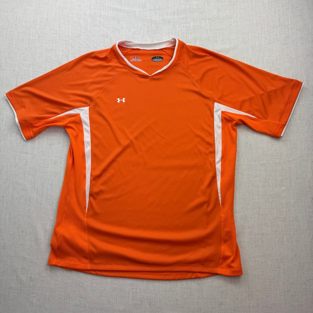 Under Armour HeatGear Athletic Shirt Mens Large Orange V-Neck Mesh Training Tee